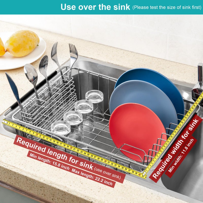 iPEGTOP Expandable Dish Drying Rack Over Sink, Rustproof Stainless Steel Dish Drying Rack Basket Shelf, Multifunctional Dish Drainer Organizer with Utensil Cutlery Holder - Image 4
